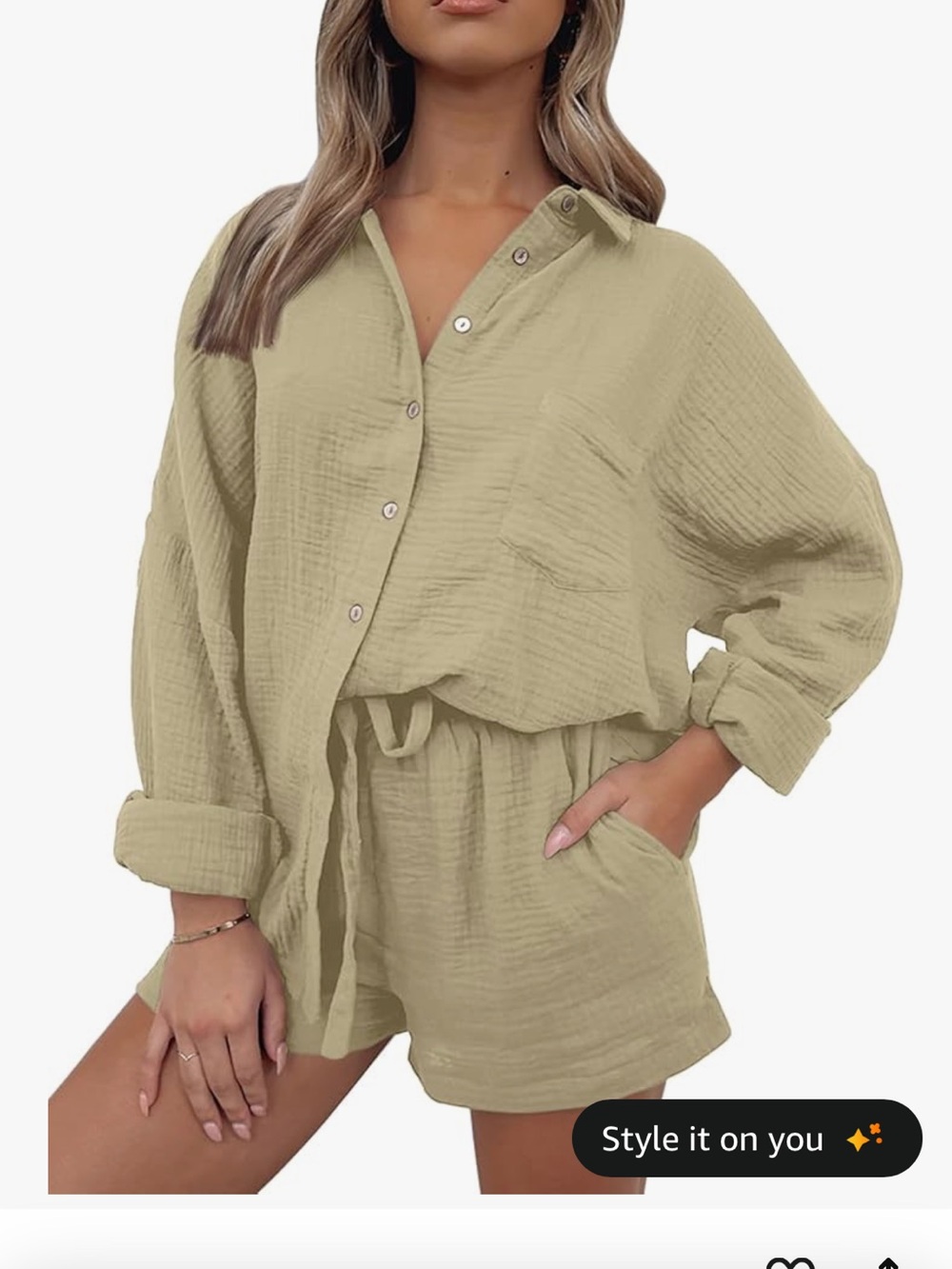 Amazon Women's Two-Piece Button-Up Shirt and Drawstring Shorts Set - Beige